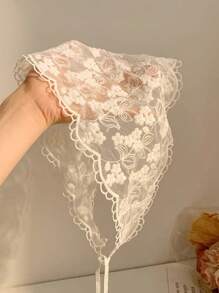 1pc White Knitted Flower & Mesh Pattern Triangle Scarf Headband Hair Band Turban Headband Sweatband