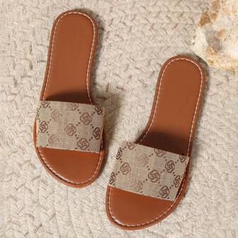 2024 大码女士休闲帆布豹纹印花拖鞋，圆头沙滩平底拖鞋，夏季