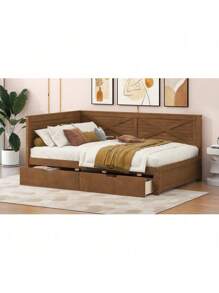 Twin Size Wood Daybed With 2 Drawers And Rustic Guardrail, Ancient Brown(Expected Arrival Time: 8.28),Youngth