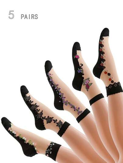 5pairs Black Breathable Mesh Crew Socks