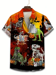 加大码男士恐龙印花短袖衬衫，速干透气，吸汗 - 黑色 - 查看 1