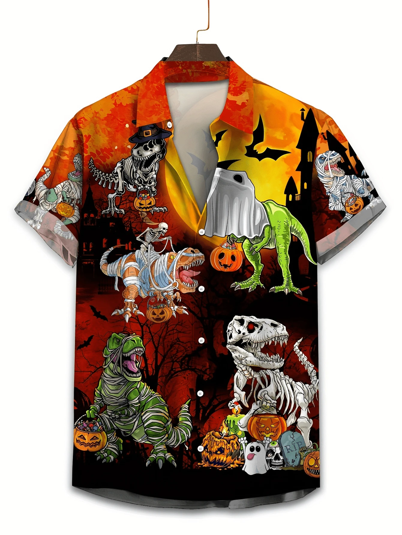 加大码男士恐龙印花短袖衬衫，速干透气，吸汗 - 黑色 - 查看 1