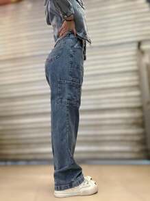 High Waisted Cargo Jeans Wide Leg Jeans - Blue - View 3