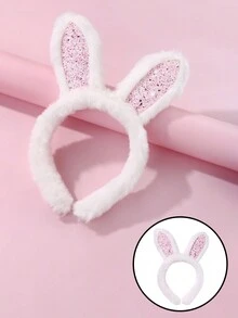 1 件女孩涤纶毛绒兔耳朵头带，设计可爱，适合秋冬季日常佩戴 - 白色 - 查看 3