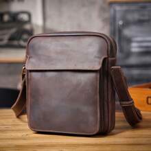 男士复古皮革邮差包 - 适合工作和旅行的休闲斜挎包 - 疯马皮革单肩包，采用真皮材质 - 咖啡棕 - 查看 6
