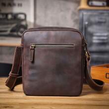 男士复古皮革邮差包 - 适合工作和旅行的休闲斜挎包 - 疯马皮革单肩包，采用真皮材质 - 咖啡棕 - 查看 8