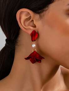 1 Pair Elegant Long Petal Tassel Pearl Red Earrings, Fashion Jewelry Gift For Women - Red - View 7