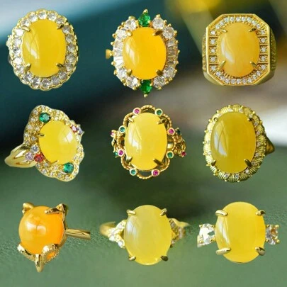 1 peça Anel banhado a ouro âmbar de cera natural, anel, anel de conjunto de pedras preciosas elegantes e nobres, anel de tamanho igual, anel de noivado, presentes comemorativos de feriado, presentes para ela, presentes de joias da moda,