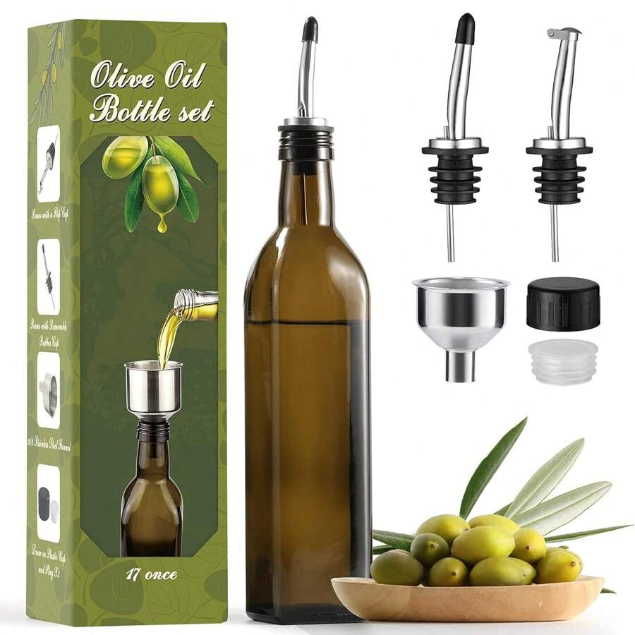 Dispensador de botella de aceite de oliva de vidrio de 17 oz - Aceitera y vinagrera de 500ml con verde con vertedores y embudo - Decantador de aceite de oliva para la cocina