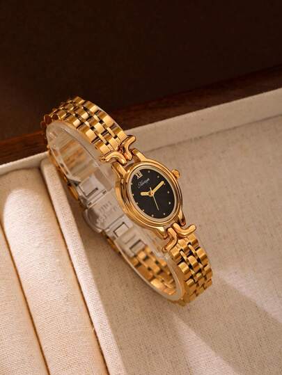 XIVIYA ساعة إناث ذهبية اللون إطار بيضاوي أنيقة مقاومة للماء إصدار تناظري قطعة واحدة، هدية ذات جودة عالية مثالية للاستخدام اليومي، المناسبات الاجتماعية، الحفلات