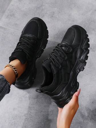 Couple Style Black Dad Sneaker, Women's Breathable Casual Sports Shoes, Lightweight Soft Sole, Size 41-45, Platform Shoes