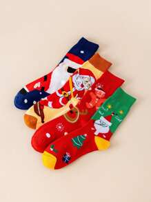 4 双圣诞袜，带圣诞老人、雪人和驯鹿图案，及膝，秋季和冬季 - 彩色 - 查看 1