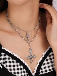 Set de 2 collares góticos vintage con cruces triples adornados con cristales - Plateado - Ver 7