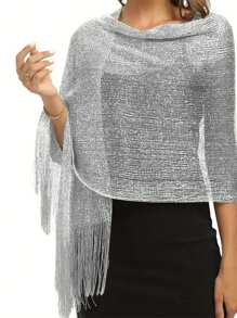 Silver Sparkling Metallic Shawl Without Round Buckle Elegant Thin Breathable Tassel Scarf Women's Party Banquet Dress Outside Shawl - Silver - View 2