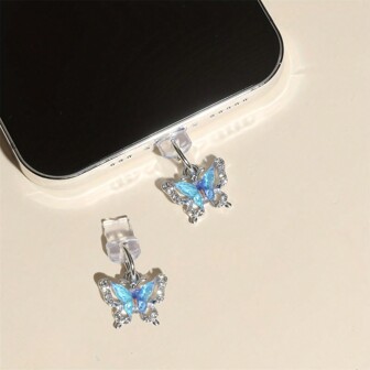 1pc Rhinestone Single Butterfly Mobile Phone Dust Plug - Anti-Fouling, Waterproof, Anti-Drop, Small And Cute, Durable, Alloy Manufacturing, Can Store Debris Decorative Electronic Accessories - Suitable For Headphones, Computer Type-C Interface. Compatible With Iphone Interfaces And Type-C Interfaces (Compatible With The Entire Compatible With Iphone 16 Series)