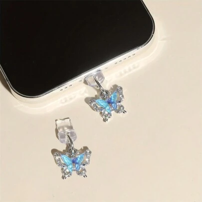 1pc Rhinestone Single Butterfly Mobile Phone Dust Plug - Anti-Fouling, Waterproof, Anti-Drop, Small And Cute, Durable, Alloy Manufacturing, Can Store Debris Decorative Electronic Accessories - Suitable For Headphones, Computer Type-C Interface. Compatible With Iphone Interfaces And Type-C Interfaces (Compatible With The Entire Compatible With Iphone 16 Series)