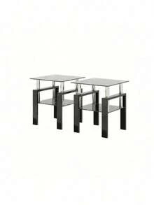 Set Of 2, Modern Tempered Glass Tea Table Coffee Table End Table, Square Table For Living Room, Transparent/Black - Đen + Kính Cường Lực-4 - Xem 3