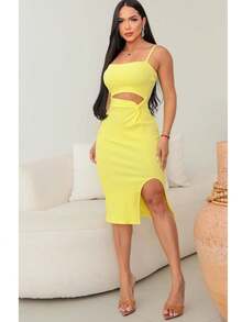 Women's Ribbed Knit Strap Dress Summer 2024 - Màu vàng - Xem 2