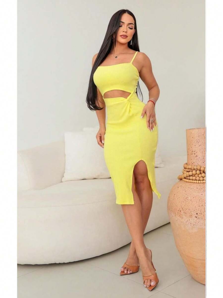 Women's Ribbed Knit Strap Dress Summer 2024 - Màu vàng - Xem 1