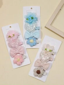 4pcs/Set Baby Girls' European And American Style Fabric Flower & Bow Hair Clips, Non-Damaging (No Paper Card) - Multicolor - View 2