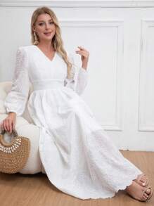 Eilly Bazar Vestido largo con cuello en V, mangas abullonadas, cintura ceñida y bordado hueco para mujer, vestido para despedida de soltera - Blanco - Ver 1