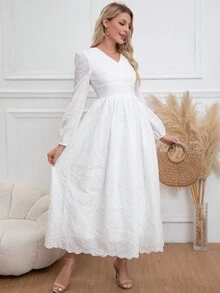 Eilly Bazar Vestido largo con cuello en V, mangas abullonadas, cintura ceñida y bordado hueco para mujer, vestido para despedida de soltera - Blanco - Ver 3