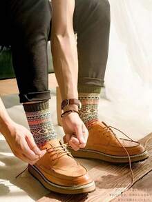 5 Pairs Retro  Mid-Calf Socks, Thick & Warm For Fall/Winter, Casual Design - Multicolor - View 3