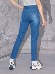 Vaqueros rotos de pierna recta para mujer, vaqueros cónicos casuales y versátiles - Azul - Ver 2