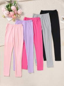 5pcs/Set Tween Girls Soft & Comfortable Knit Solid Color Leggings Pants Set, Spring/Autumn - Multicolor - View 2