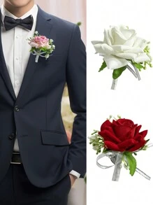 1PC 婚礼新郎新娘胸花手腕花,仿真玫瑰星空新郎伴郎迎宾翻领花,伴娘团婚礼手花,情人节婚宴手腕花手腕花,婚礼用品 - 彩色 - 查看 1