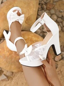 2024 Summer New White High Heel Shoes With Bowknot For Women, Waterproof Platform Thick-Heeled Roman Sandals