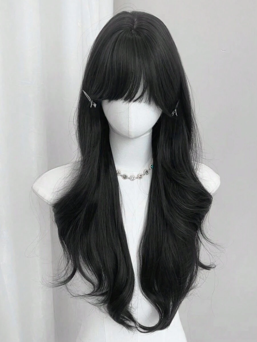 女士带刘海黑色假发 长波浪发假发 黑色假发 卷发 波浪形合成假发 适合女孩日常聚会使用