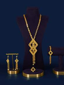 Conjunto de joias retrô de luxo elegante e sofisticado em cobre dourado Mgyi para mulheres, colar com design quadrado de luxo elegante banhado a ouro 18K, brincos, pulseira, anel para mulheres, adequado para Nigéria, Dubai, Oriente Médio, Arábia Saudita, casamento nupcial, uso diário, presente de aniversário de casamento, presente de Halloween para amigos