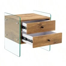 Double-Drawer Bedside Table. The Board Surface Is MDF Sticker, And Both Sides Are Transparent Tempered Glass. The Design Is Simple And Elegant, With Excellent Storage Functions.