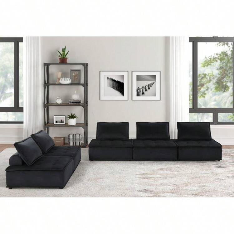 Anna 120" Black Velvet 5 Pc Sofa And Loveseat - 黑色+絨如圖 - 查看 1
