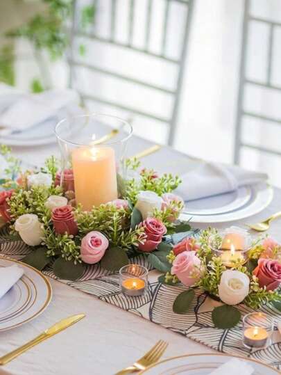 1pc Fake Flower Plants Leaves Candle Rings, Artificial Silk Rose Flowers Plant Wreath Candles Holder, Plastic Small Floarl Farmhouse Wreath For Wedding Arrangement, Bridal Bouquet, Table Centerpiece, Garden, Yard,Birthday, Shower Decor, Aesthetic Room Decor, Classroom, Office, Balcony, Shopping Malls Decorations Back To School Supplies Thanksgiving Christmas Holiday Essentials Gift