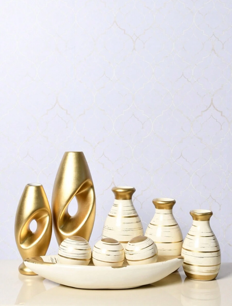 Kit 9 Decorative Pieces Of Vases Ornament Brown Centerpiece Decorative Ceramic For Rack Living Room Sideboard Complete Modern Style Beige Ceramic Vase Set - Vàng - Xem 1