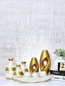 Kit 9 Decorative Pieces Of Vases Ornament Brown Centerpiece Decorative Ceramic For Rack Living Room Sideboard Complete Modern Style Beige Ceramic Vase Set - Vàng - Xem 8