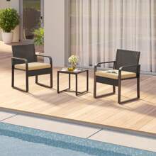 3pcs Patio Bistro Set,  Wicker Outdoor Patio Furniture Set, Rattan Conversation Patio Chairs With Glass Table, Furniture Set With Cushion For Balcony, Front Porch, Garden, Poolside - Beige - View 4