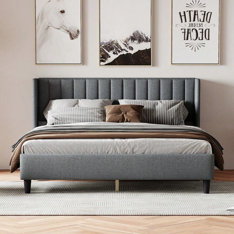 King Size Upholstered Platform Bed Frame With Headboard, Mattress