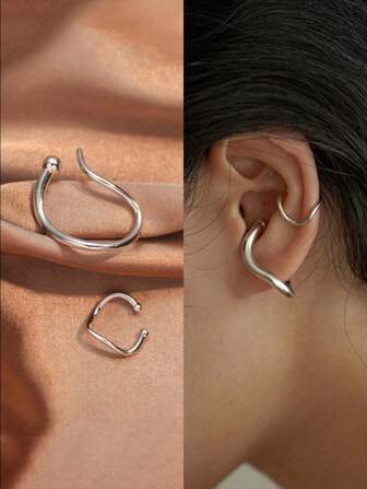 rakol 2pcs Single Ear Minimalist Asymmetric Twisted Solid Color Copper Clip-On Earrings For Women, Suitable For Daily, Vacation, Party Decoration