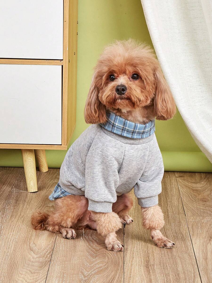 1pc Pet Cat Dog Clothes Shirt Sweatshirt 2 In 1 Plaid Warm Pullover for