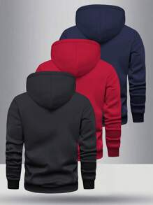 Set de 3 sudaderas con capucha de manga larga de ajuste regular y peso ligero con bolsillos, ropa deportiva casual básica de unicolor, adecuada para otoño, gran regalo para esposo o novio, apropiada para la calle, el transporte y actividades al aire libre en otoño - Multicolor - Ver 2