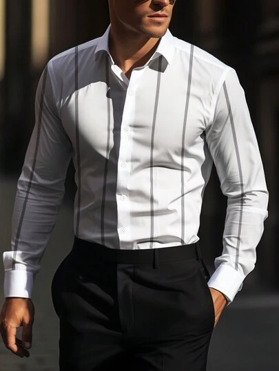 Men's Soft & Breathable Striped Woven Fabric Polo Collar Long Sleeve Shirt, Suitable For Spring, Summer, Autumn, Casual, Business, Commuting, Versatile