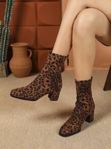 Stivali da donna alla moda, eleganti e sexy con stampa leopardata, stivali corti con tacco largo, stivali   con motivo leopardato, adatti per autunno/inverno