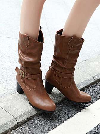 Retro Leather Buckle Mid-Calf Boots, Thick Sole Boots For Women, Chunky Heel Short Boots, Western Style Chunky Heel Boots, Women's Shoes