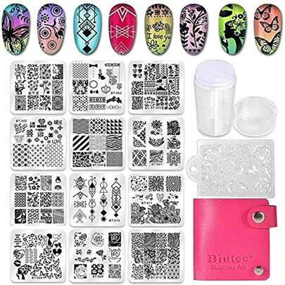 Biutee Nail Stamping Plates Kit, 15 Pcs Vintage Image Stamping Nail Plate Kit With 1 Stamper, 1 Scraper, 1 Storage Bag For Manicure Art Stamp