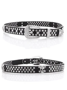 Cinto de Couro de Moda de Rua Brilhante Feminino com Decoração de Caveira e Strass, Verão, Escola, Outono, Halloween