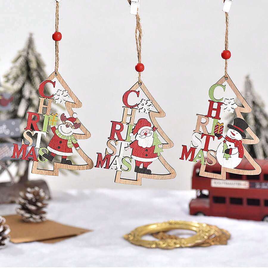 1pc Wooden Christmas Tree Frame, Santa, Reindeer & Snowman Painted Ornament, Christmas Tree Decoration,Home Decor ,Room Decor,Wall Decor