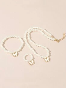Conjunto de joyería minimalista de collar, pulsera y anillo con perla y mariposa para adolescentes - Mariposa - Ver 5